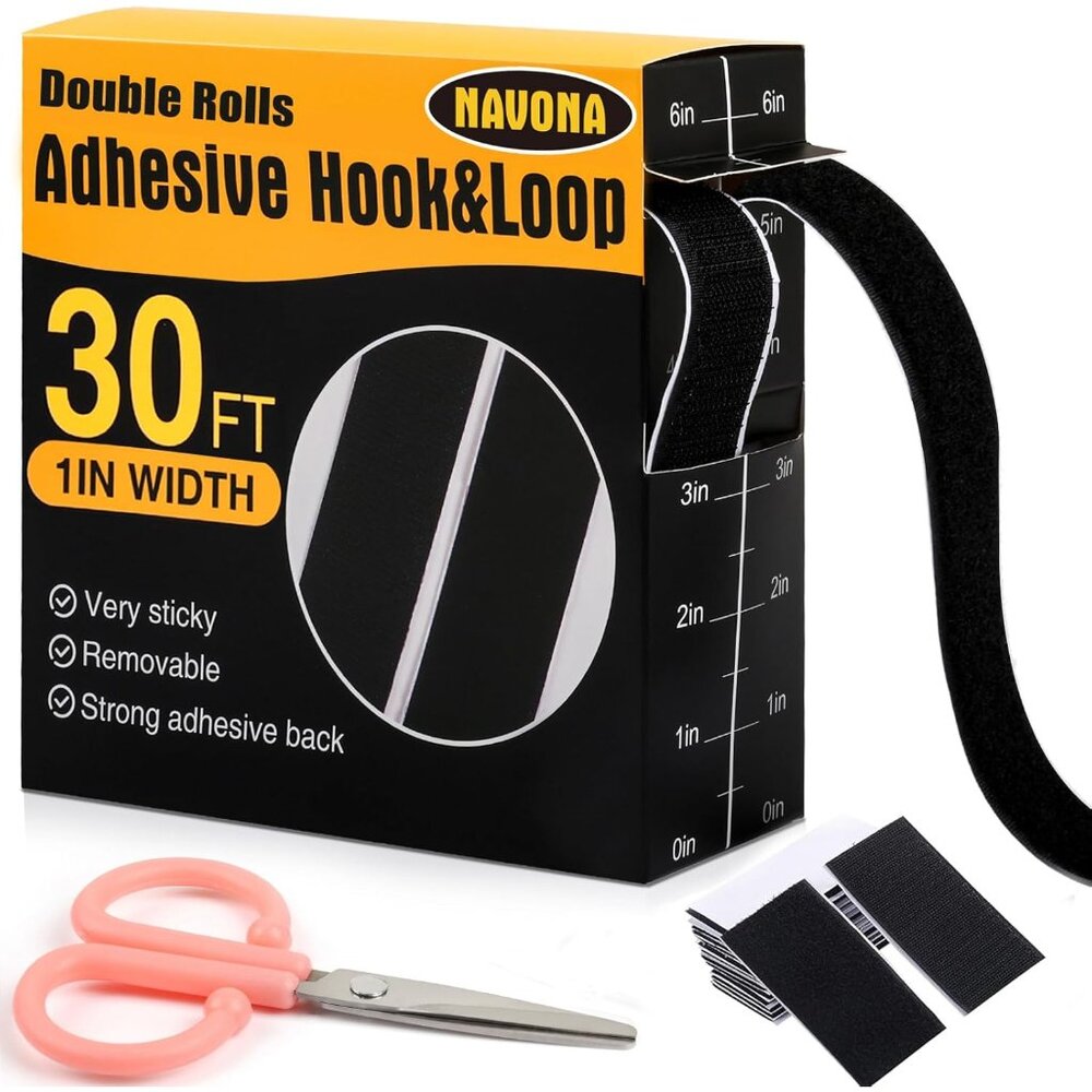 30Ft x 1 Inch Hook and Loop Strips with Adhesive – 2 Rolls Heavy Duty Hook and L